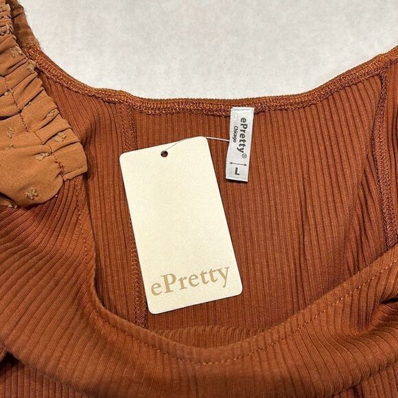 NWT ePretty Off Shoulder Ribbed Top Sz L Brown Stretch Long Sleeve Ruffled Cuff - Picture 6 of 8